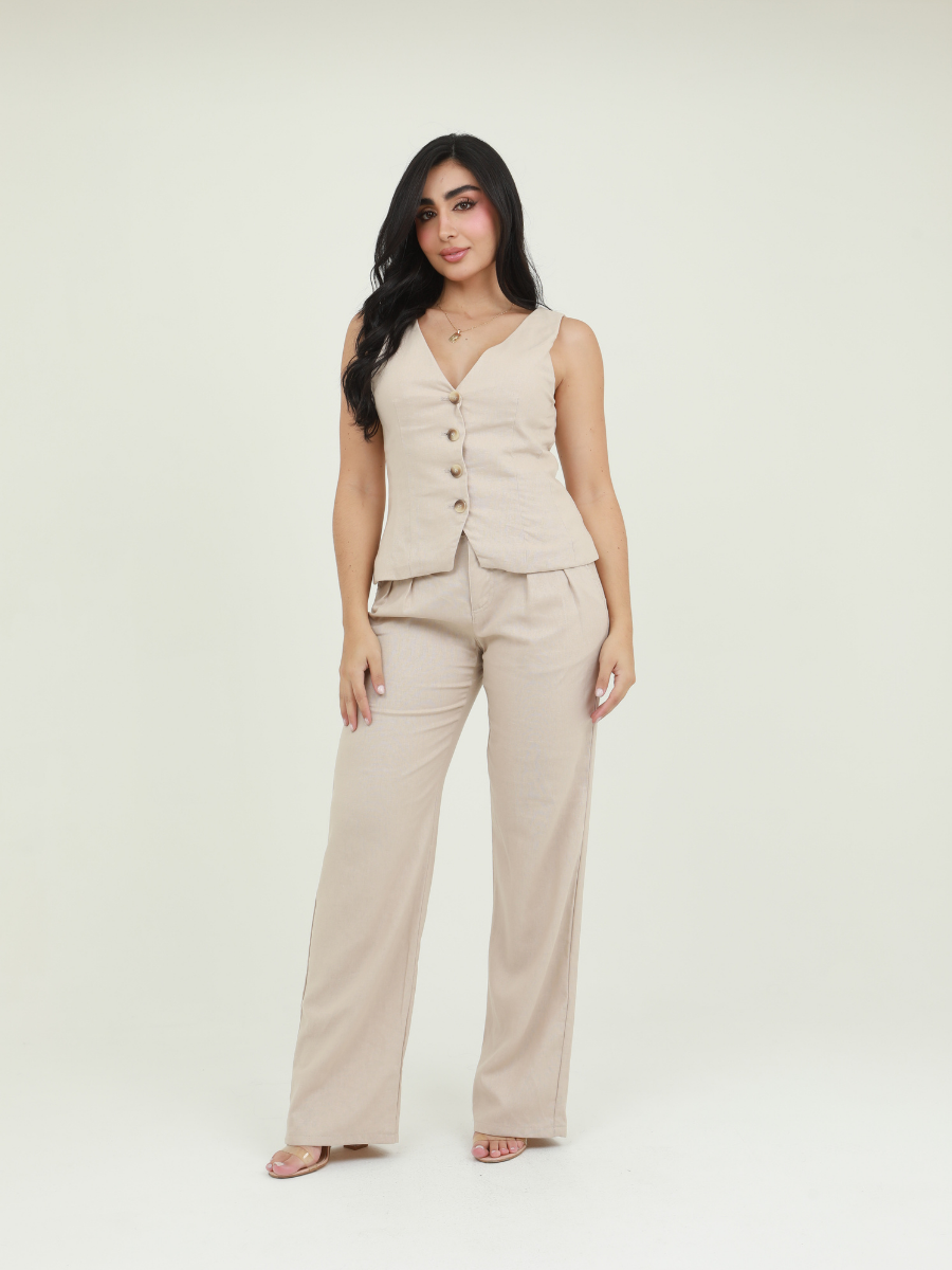 SET BLUSA CUELLO V PANT LINO