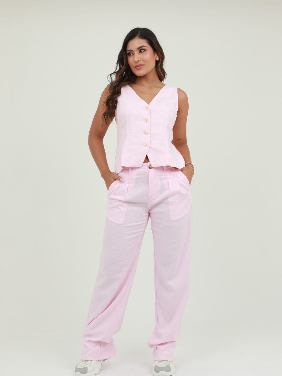 SET BLUSA CUELLO V PANT LINO