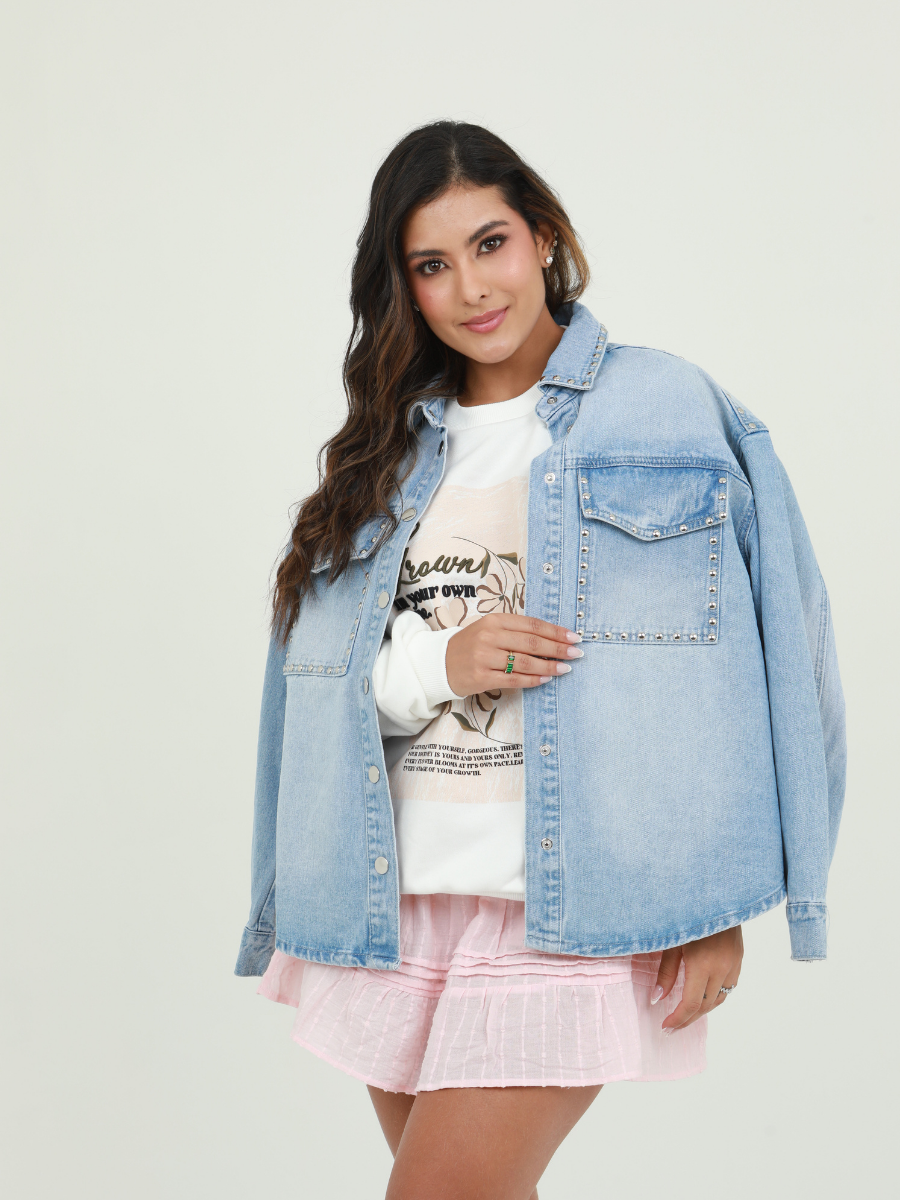 CAMISERA LARGA DENIM DETALLE PIEDRAS