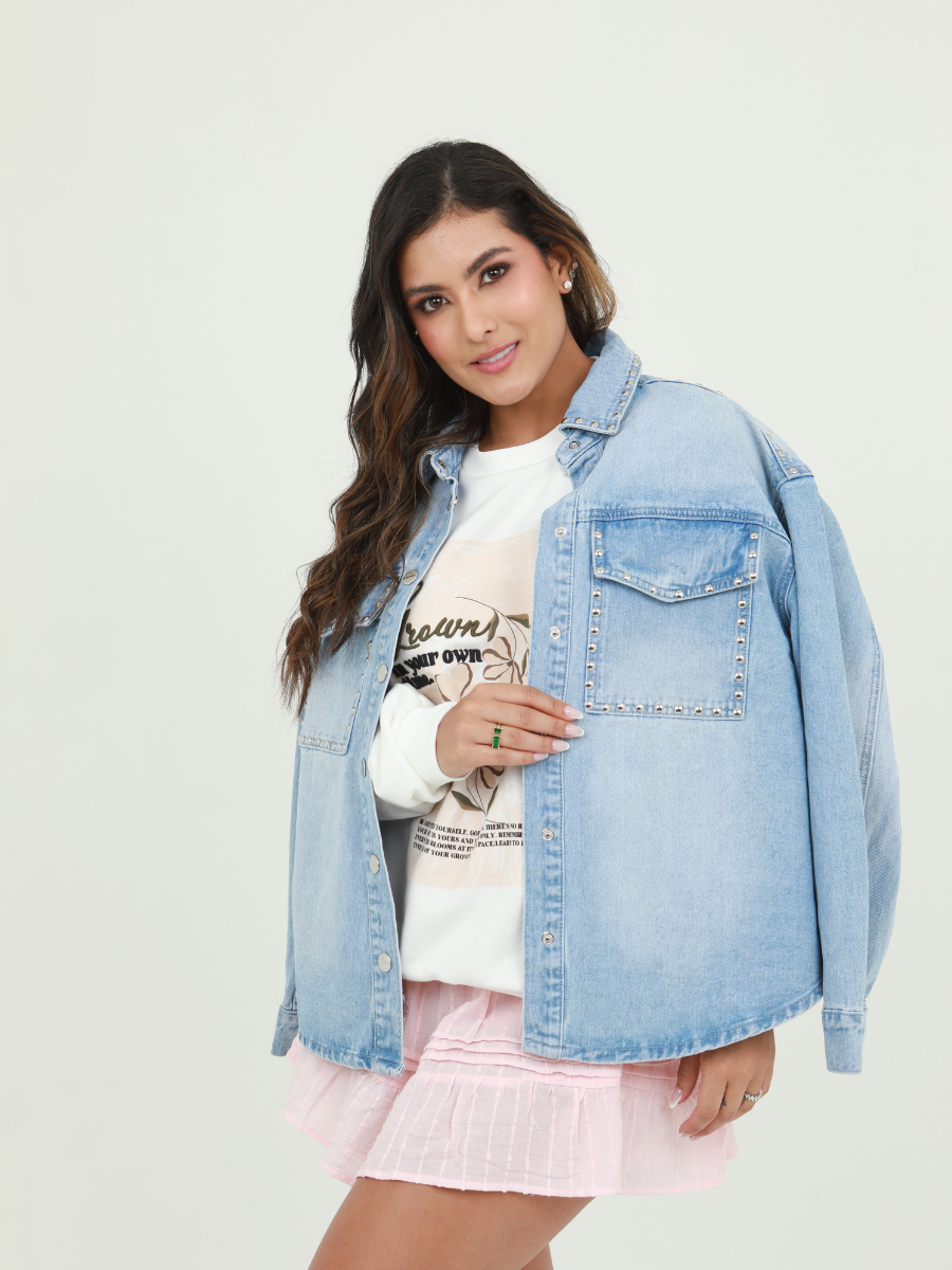 CAMISERA LARGA DENIM DETALLE PIEDRAS