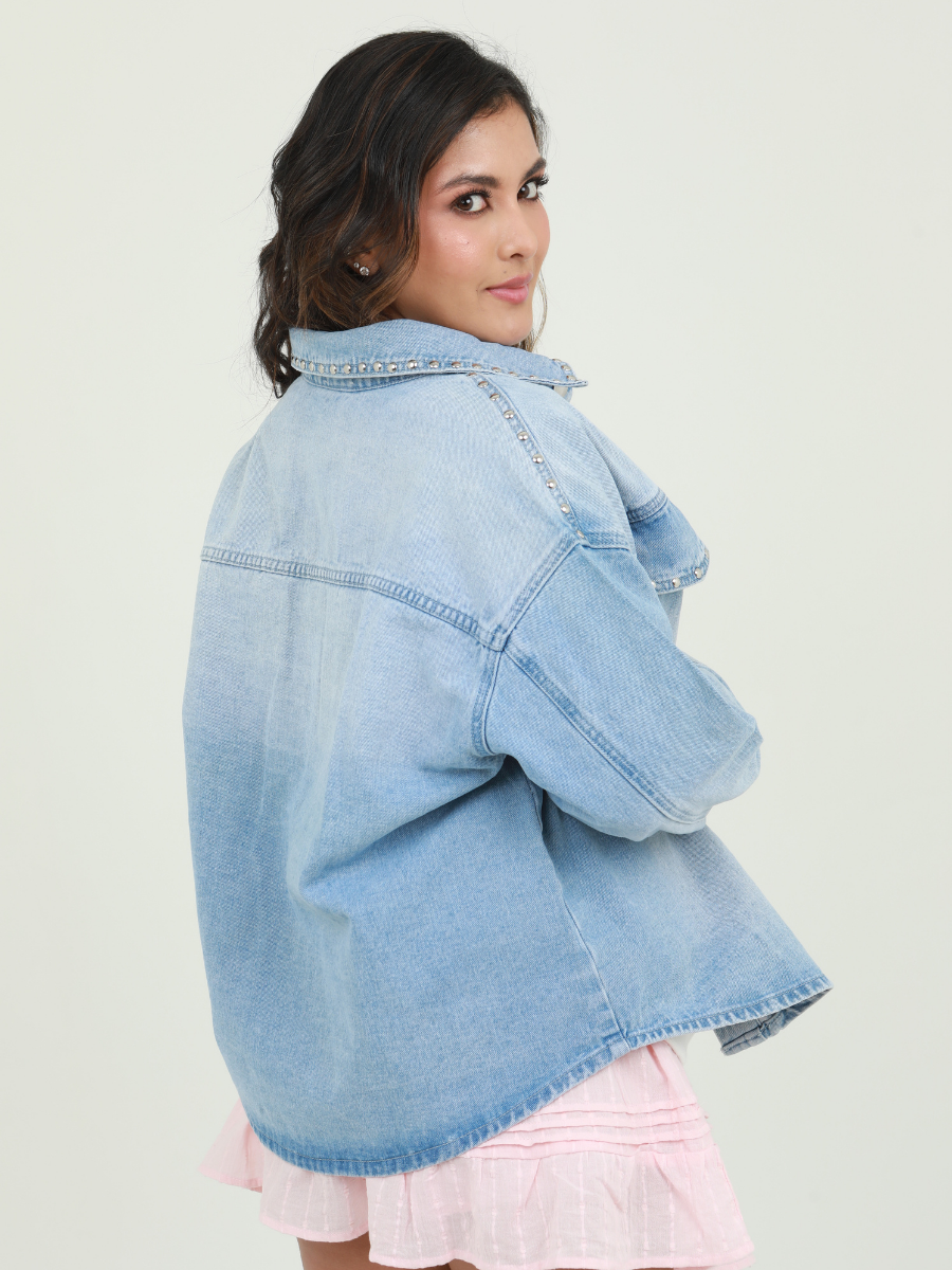 CAMISERA LARGA DENIM DETALLE PIEDRAS