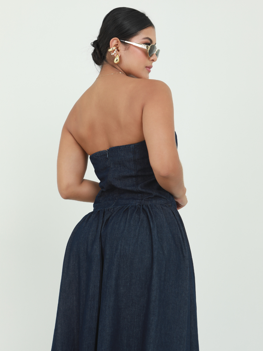VESTIDO DENIM STRAPLE AMPLIO